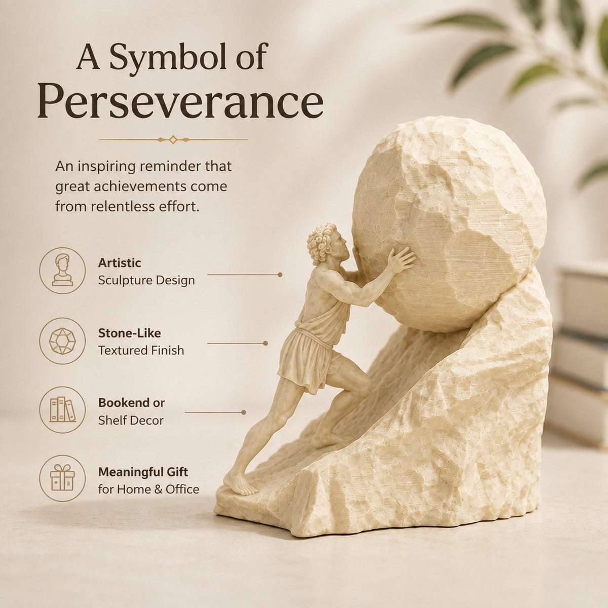 Sisyphus bookend infographic highlighting perseverance and decorative use