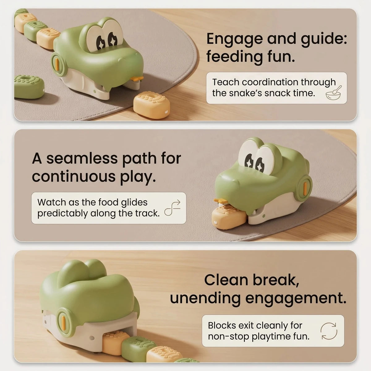 Magnetic snake feeding game showing feed, glide and exit play sequence