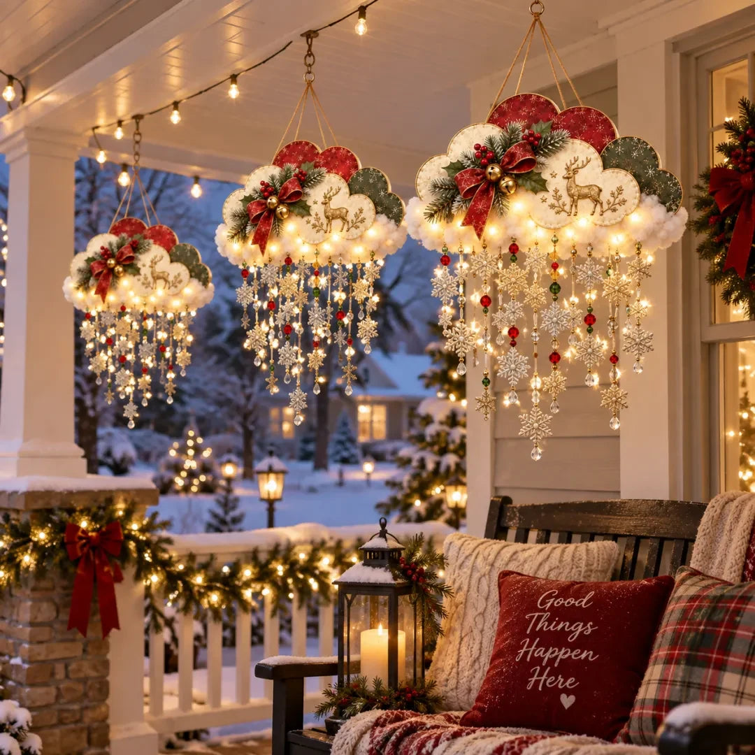 Christmas snowfall cloud porch display scene