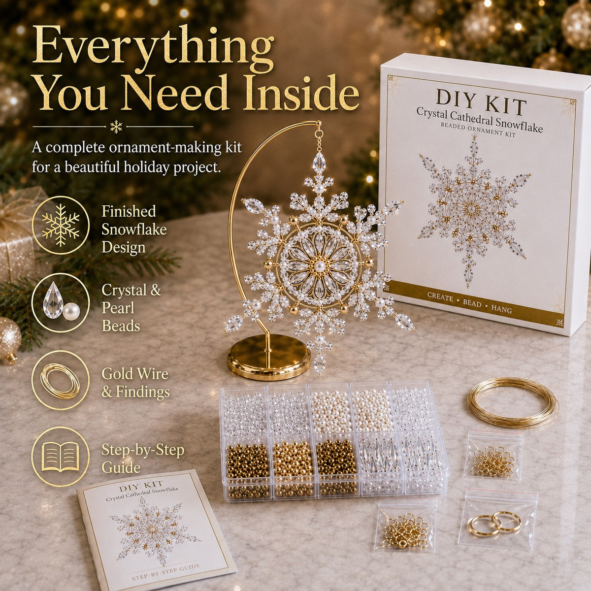 Beaded snowflake DIY kit materials and instruction guide