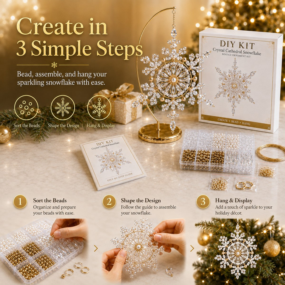Three simple steps for making a beaded snowflake ornament
