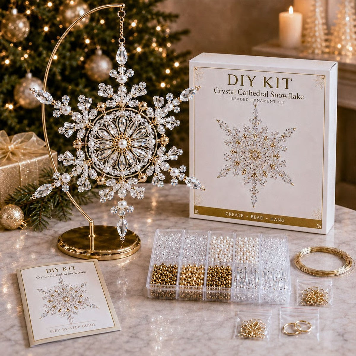 Beaded Snowflake Ornament DIY Kit and finished crystal snowflake