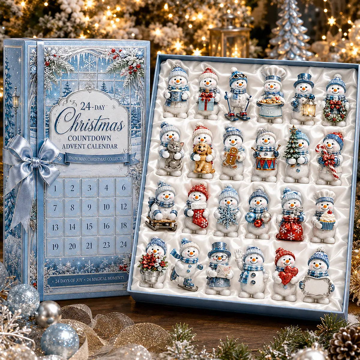 Snowman Christmas countdown advent calendar with 24 collectible ornaments