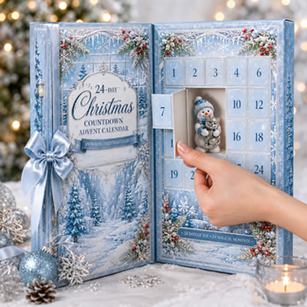 Opening a numbered advent door to reveal a snowman collectible