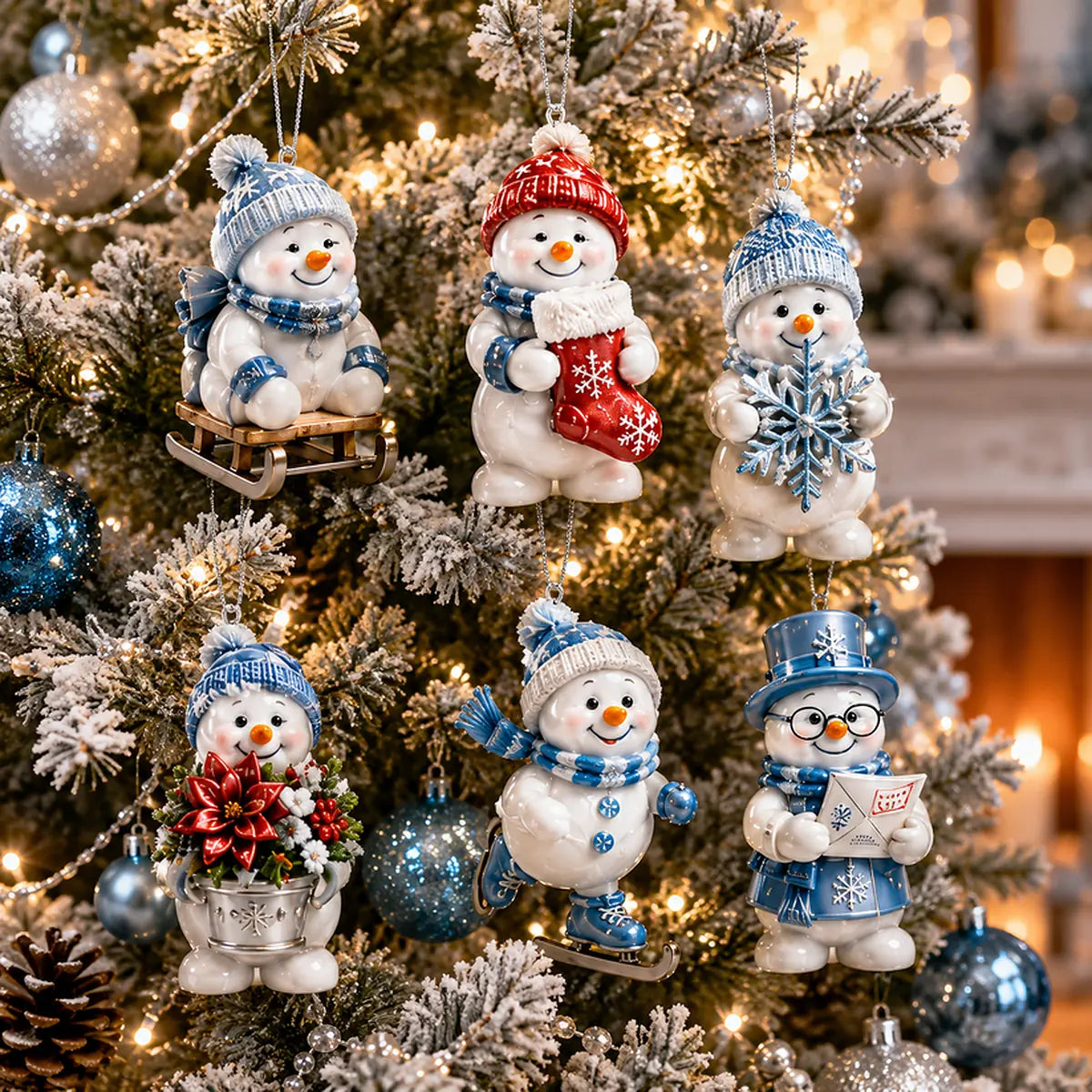 Snowman collectibles hanging as ornaments on a Christmas tree