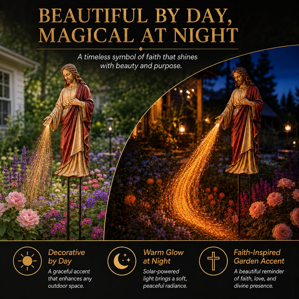 Day and night comparison of the Solar Jesus garden light