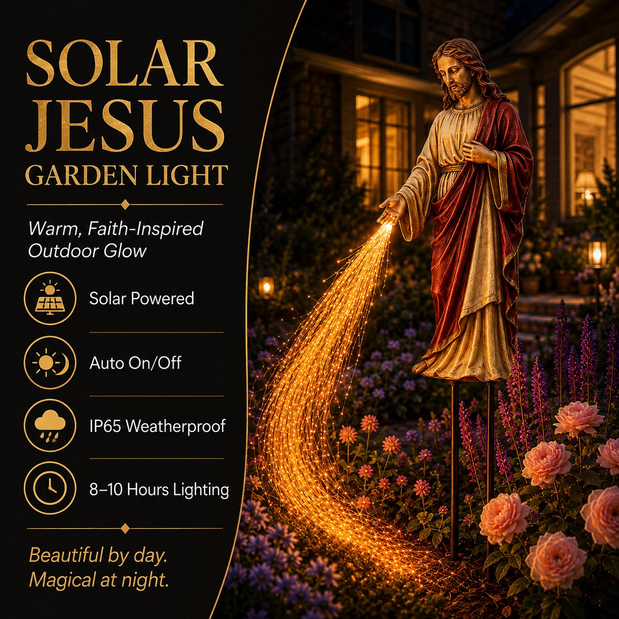 Solar Jesus garden light in a flower bed at night