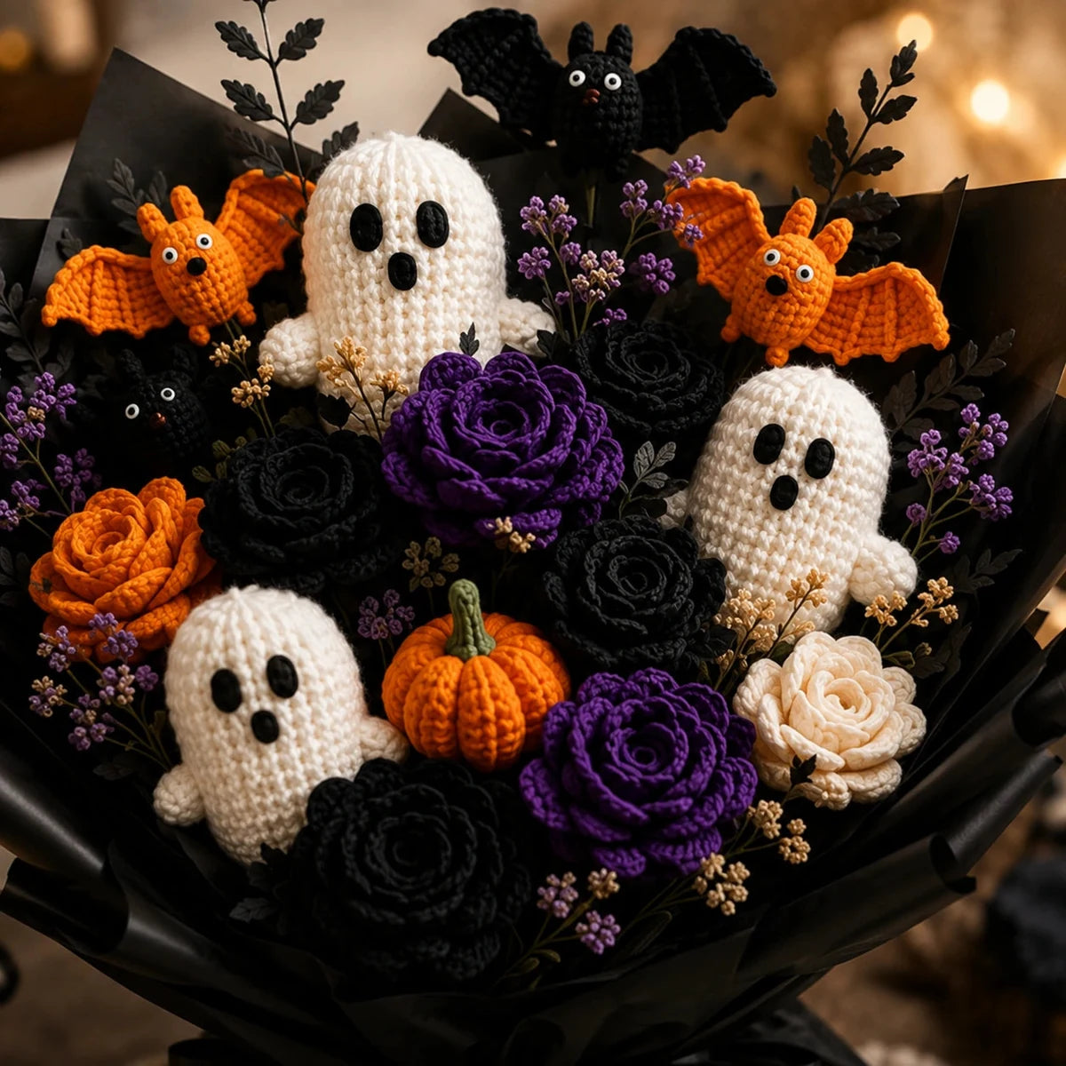 Forever Spooky crochet bouquet with ghosts bats roses and pumpkin