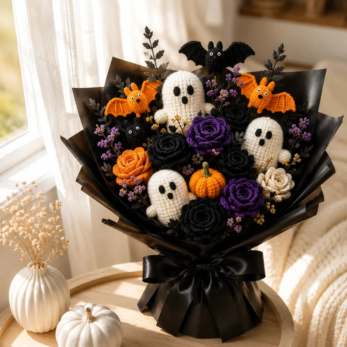 Spooky crochet bouquet in a bright neutral room
