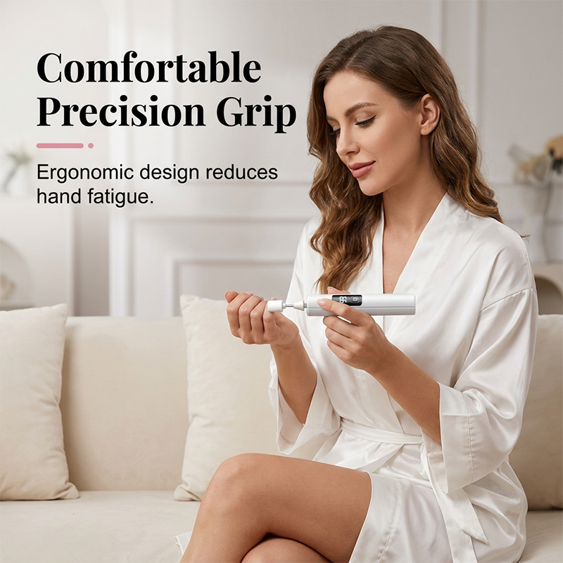 Compact electric nail drill placed inside cosmetic travel bag