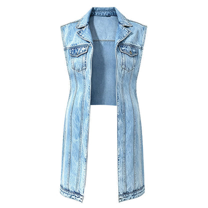 🎉50% OFF! 🧥Women Sleeveless High Slit Denim Vest Dress – Patchwork Longline Jean Waistcoat ✨