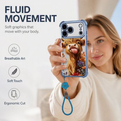 🐮🌸 Highland Cow Art Phone Case – Colorful Protective Cover with Matching Wrist Strap