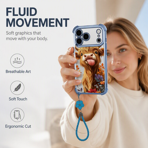 🐮🌸 Highland Cow Art Phone Case – Colorful Protective Cover with Matching Wrist Strap