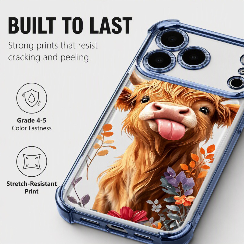 🐮🌸 Highland Cow Art Phone Case – Colorful Protective Cover with Matching Wrist Strap
