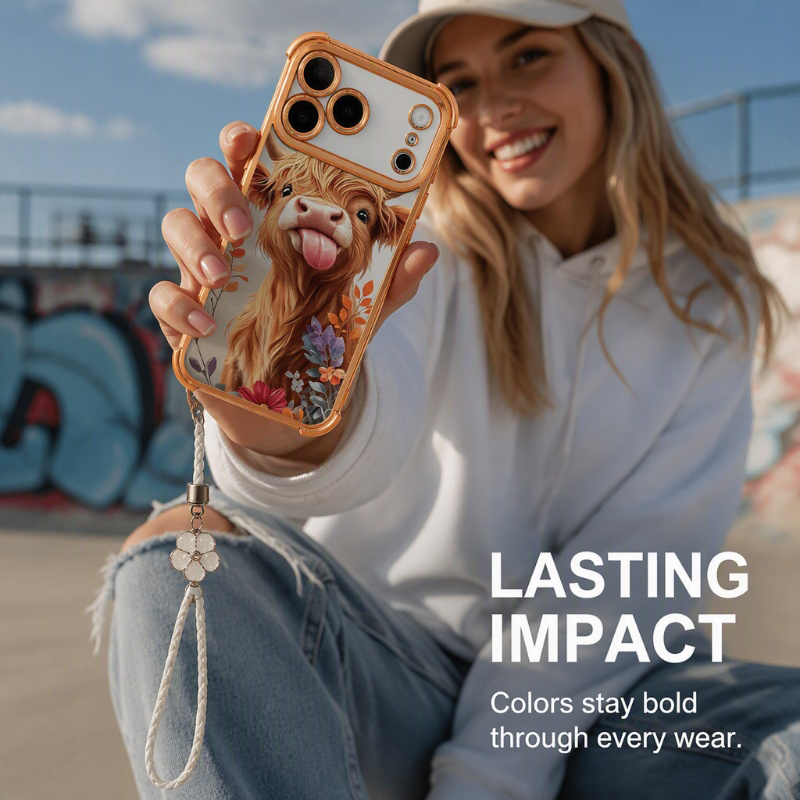 🐮🌸 Highland Cow Art Phone Case – Colorful Protective Cover with Matching Wrist Strap