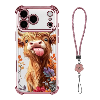 🐮🌸 Highland Cow Art Phone Case – Colorful Protective Cover with Matching Wrist Strap