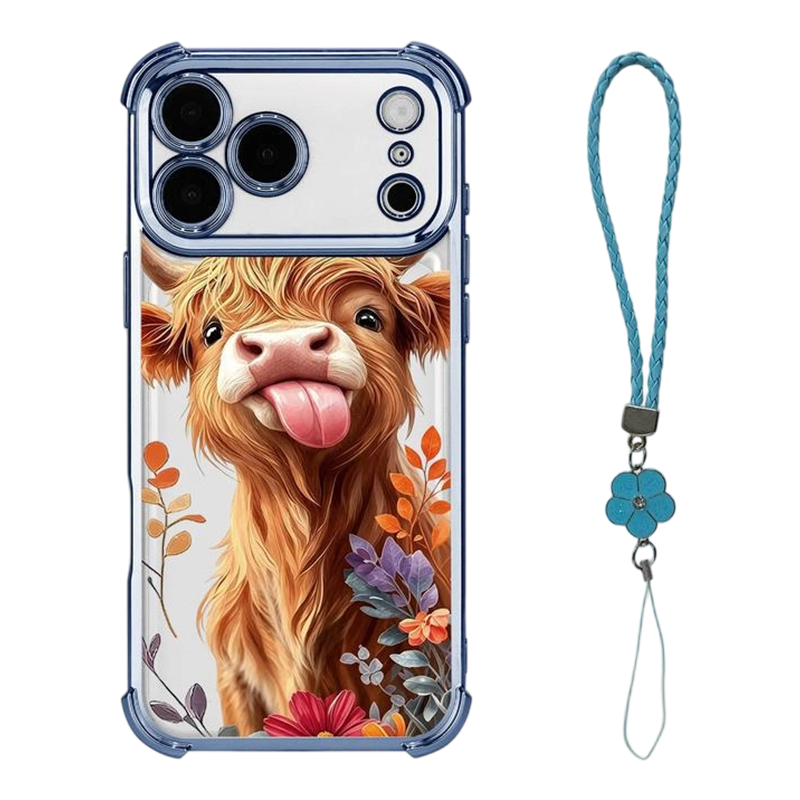 🐮🌸 Highland Cow Art Phone Case – Colorful Protective Cover with Matching Wrist Strap