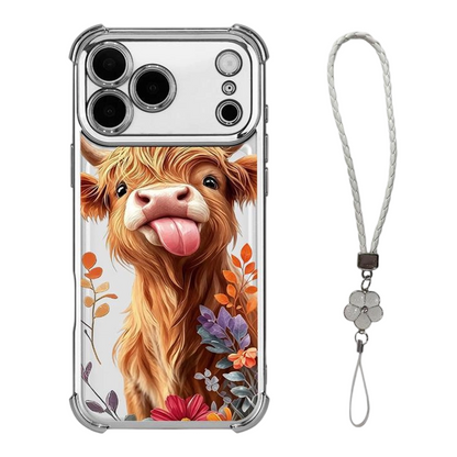 🐮🌸 Highland Cow Art Phone Case – Colorful Protective Cover with Matching Wrist Strap