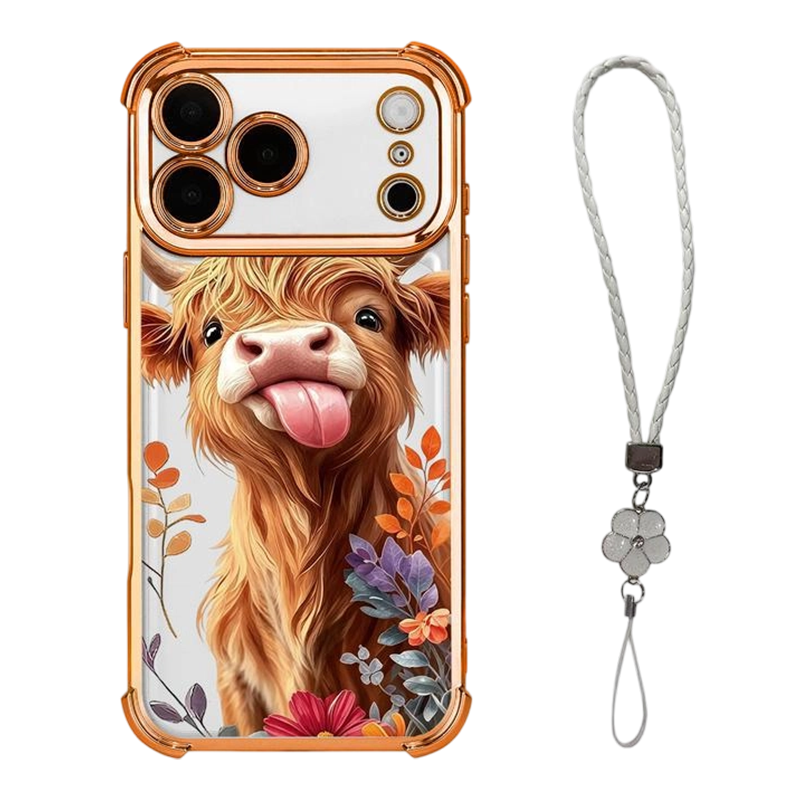 🐮🌸 Highland Cow Art Phone Case – Colorful Protective Cover with Matching Wrist Strap