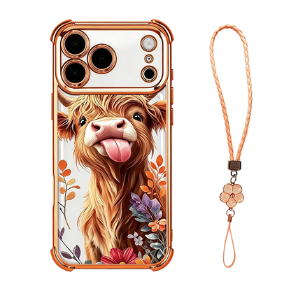 🐮🌸 Highland Cow Art Phone Case – Colorful Protective Cover with Matching Wrist Strap