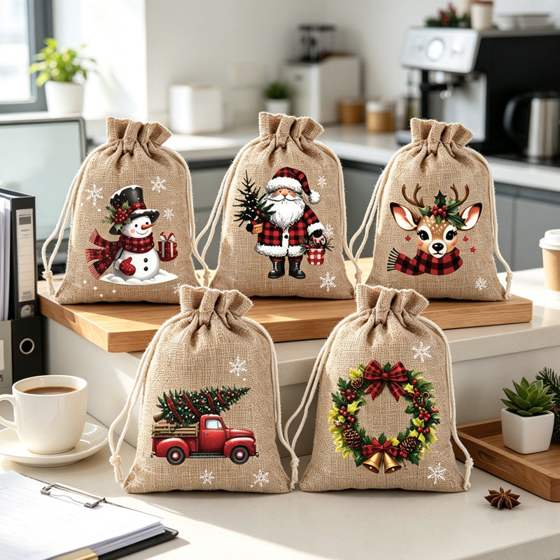 Christmas burlap gift bags displayed in a festive home entryway