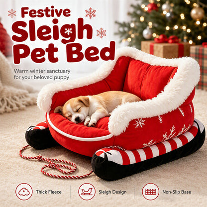🎄🛷 Santa’s Little Rider Cozy Pet Sleigh – Festive Holiday Bed with Removable Cushion