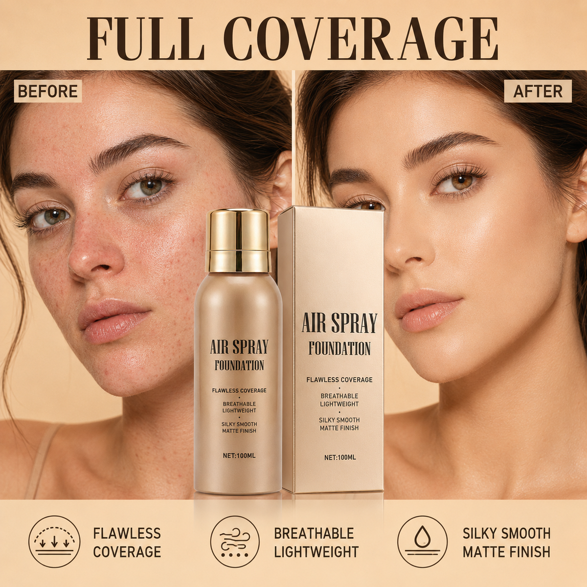 💨✨ Airbrush-Effect Spray Foundation – Waterproof, Lightweight & Buildable Flawless Coverage