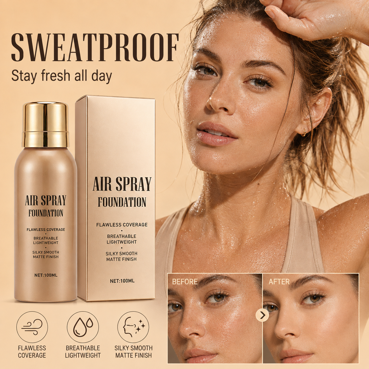 💨✨ Airbrush-Effect Spray Foundation – Waterproof, Lightweight & Buildable Flawless Coverage