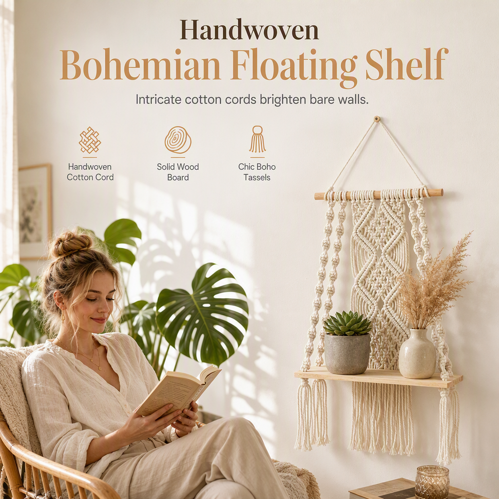 🌿📚 Boho Woven Hanging Shelf – Floating Wall Display for Books, Plants & Cozy Home Decor