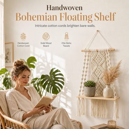 🌿📚 Boho Woven Hanging Shelf – Floating Wall Display for Books, Plants & Cozy Home Decor
