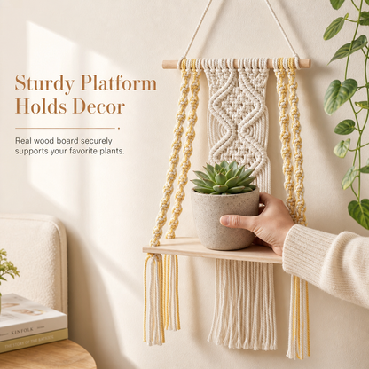 🌿📚 Boho Woven Hanging Shelf – Floating Wall Display for Books, Plants & Cozy Home Decor