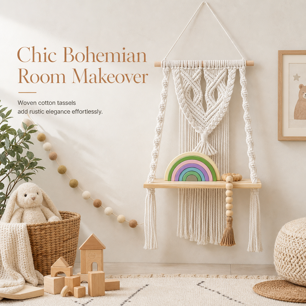 🌿📚 Boho Woven Hanging Shelf – Floating Wall Display for Books, Plants & Cozy Home Decor