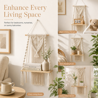 🌿📚 Boho Woven Hanging Shelf – Floating Wall Display for Books, Plants & Cozy Home Decor
