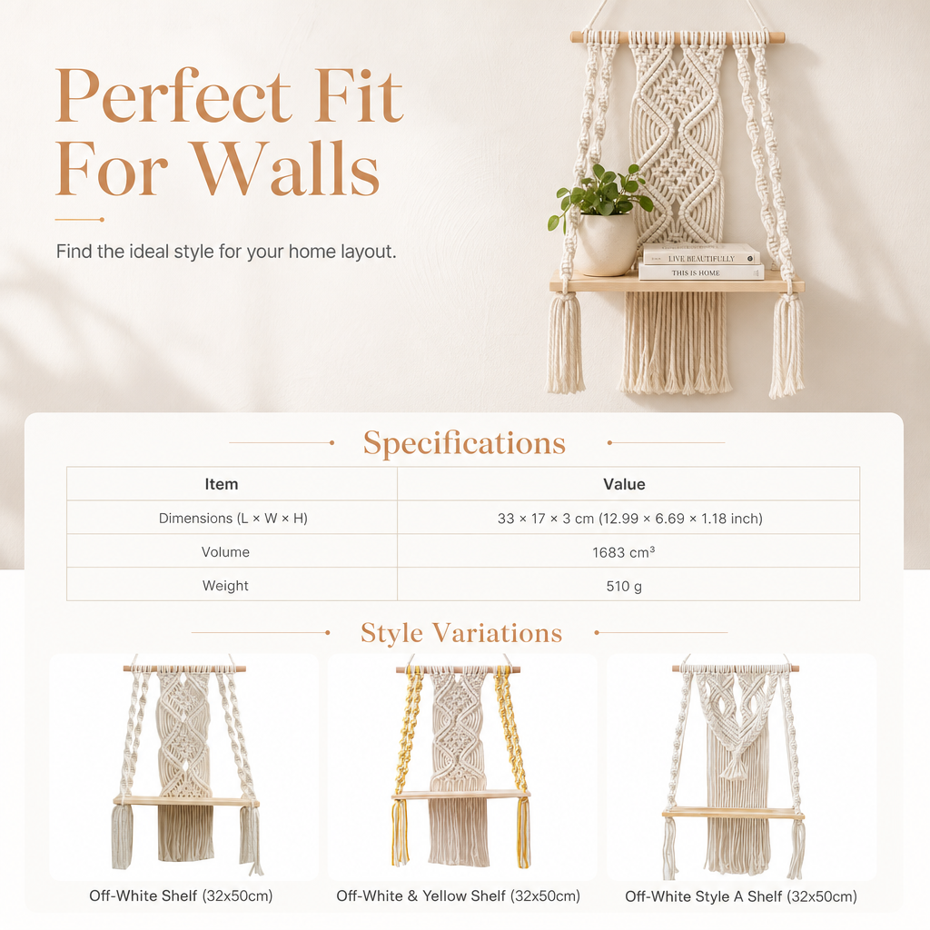 🌿📚 Boho Woven Hanging Shelf – Floating Wall Display for Books, Plants & Cozy Home Decor