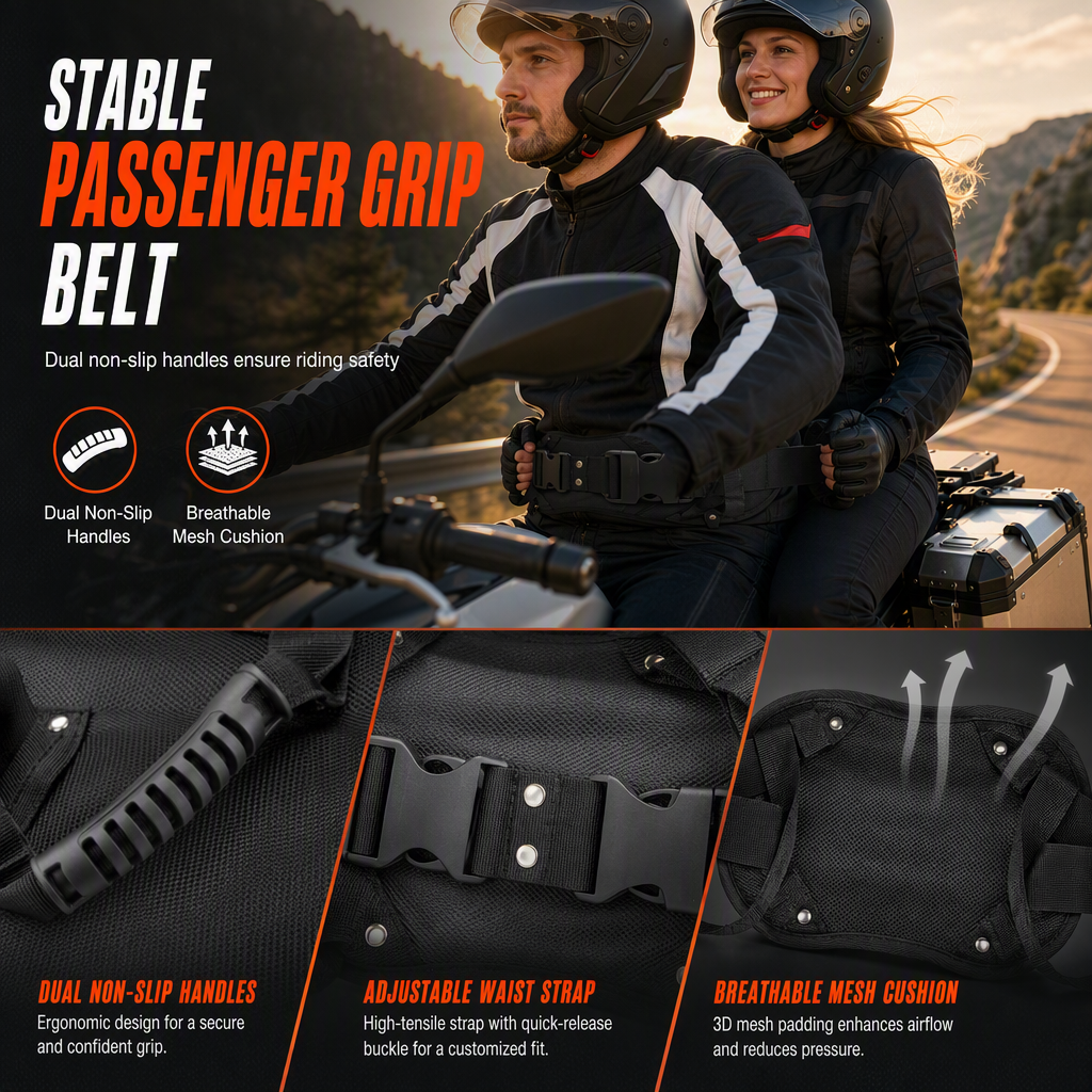 🏍️✋ Adjustable Passenger Grip Belt – Reinforced Rear Handle Strap for Motorcycle & Powersports Riding