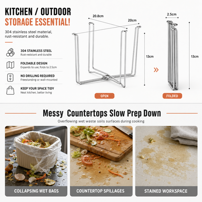 🗑️✨ Foldable Stainless Steel Trash Bag Stand – Space-Saving Holder for Kitchen, Garage & Outdoor Use