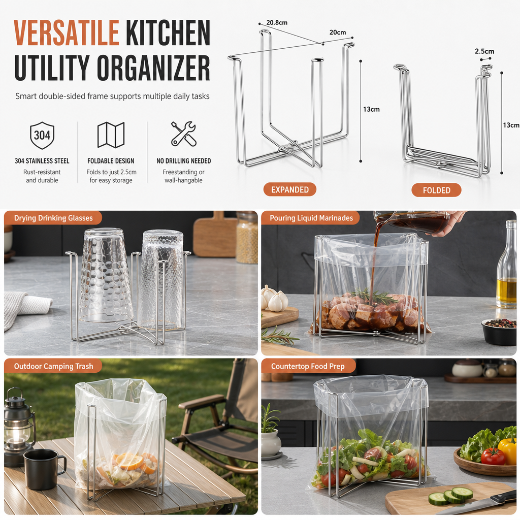 🗑️✨ Foldable Stainless Steel Trash Bag Stand – Space-Saving Holder for Kitchen, Garage & Outdoor Use