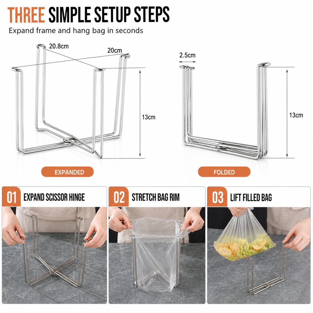 🗑️✨ Foldable Stainless Steel Trash Bag Stand – Space-Saving Holder for Kitchen, Garage & Outdoor Use