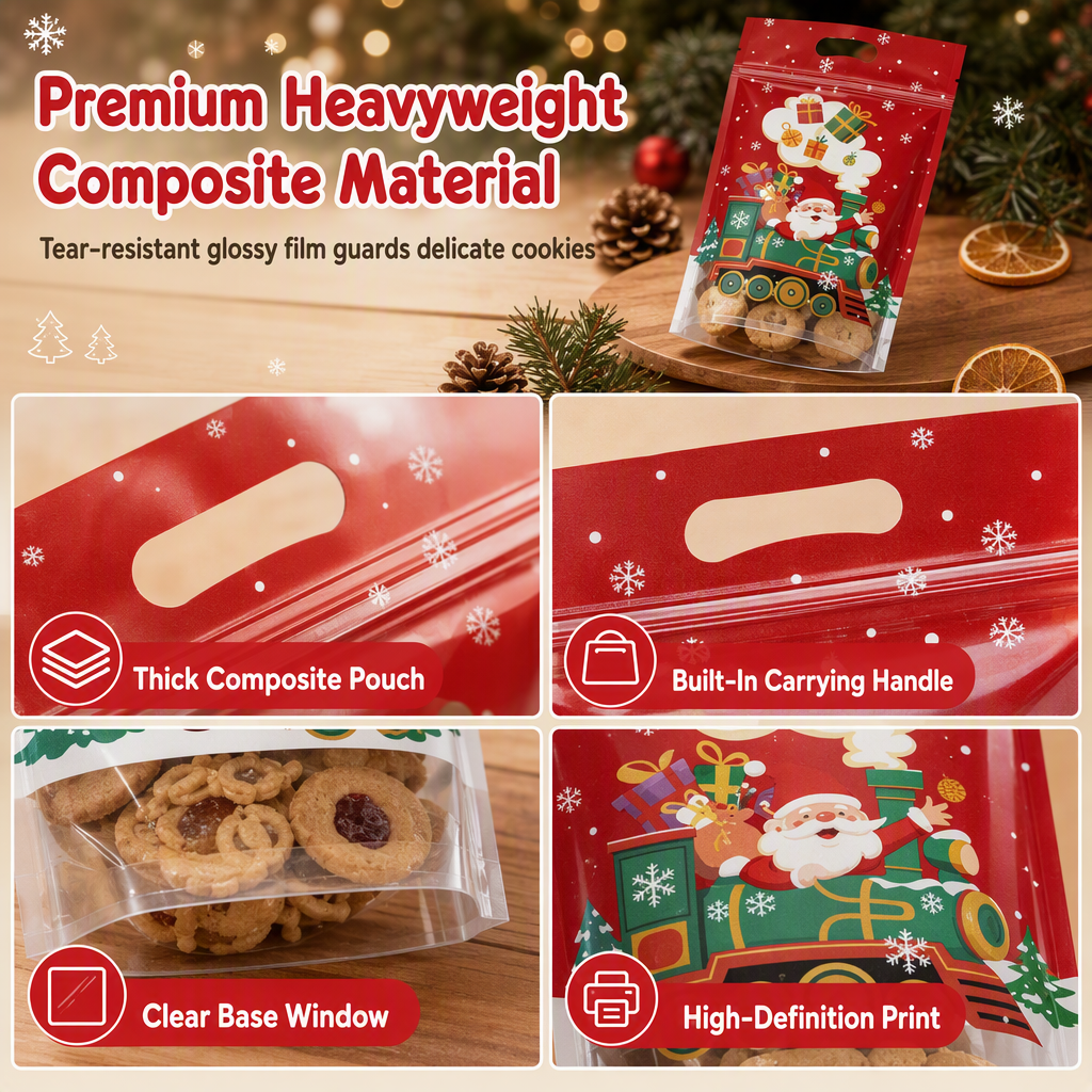 🎄🍪 50PCS Christmas Treat Gift Bags – Cute Stand-Up Zipper Pouches for Cookies, Candy & Homemade Goodies