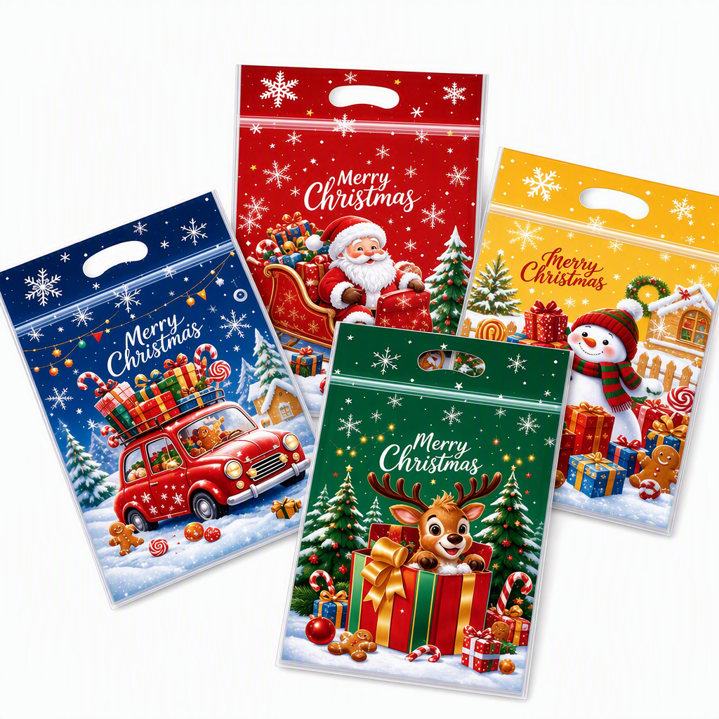 🎄🍪 50PCS Christmas Treat Gift Bags – Cute Stand-Up Zipper Pouches for Cookies, Candy & Homemade Goodies