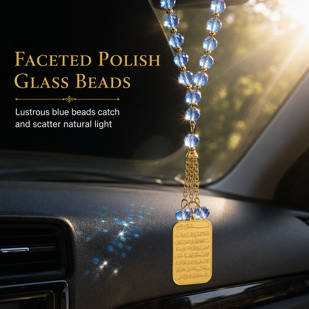 💙✨ Elegant Arabic-Inspired Car Hanging Charm – Stainless Steel Medallion with Blue Glass Bead Chain
