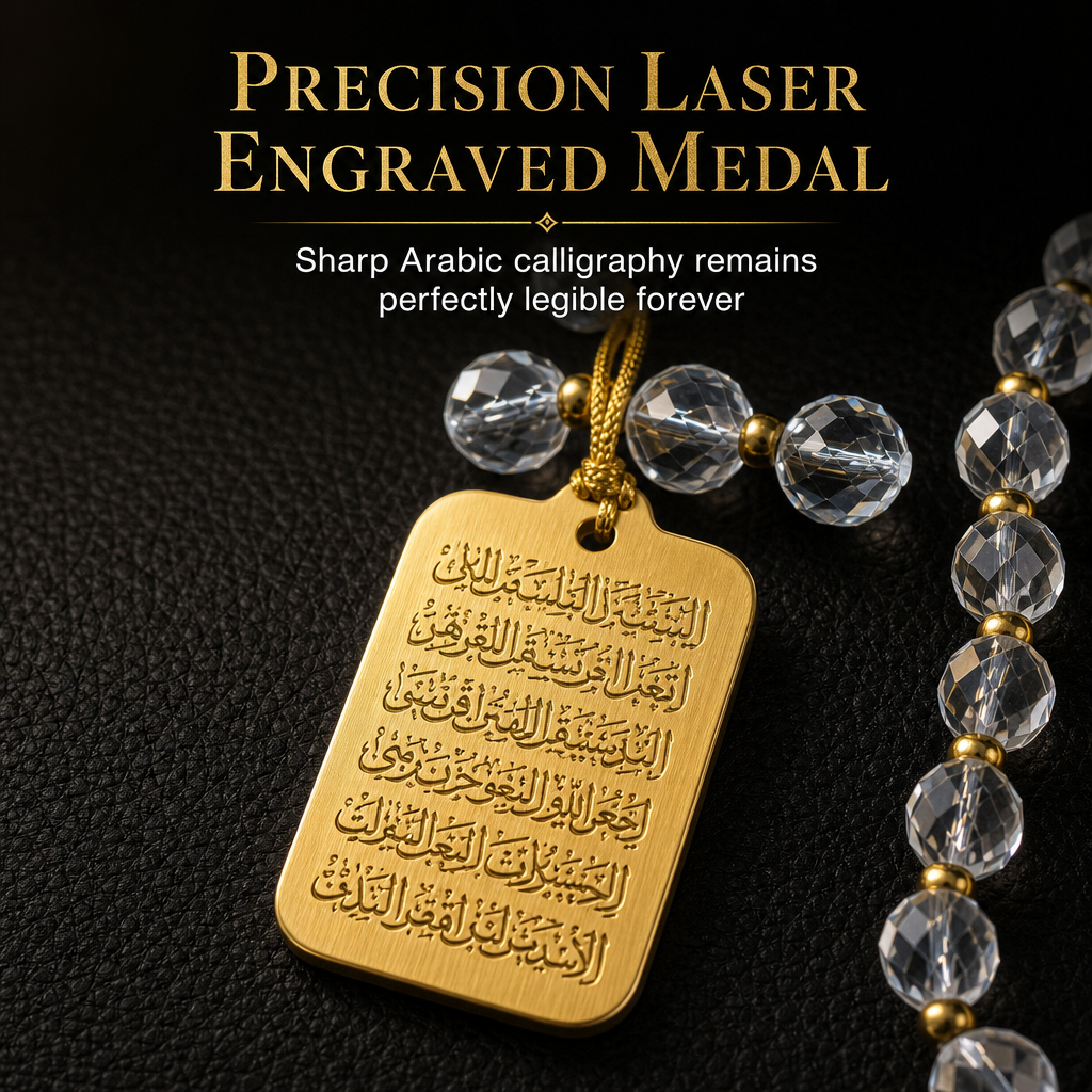 💙✨ Elegant Arabic-Inspired Car Hanging Charm – Stainless Steel Medallion with Blue Glass Bead Chain