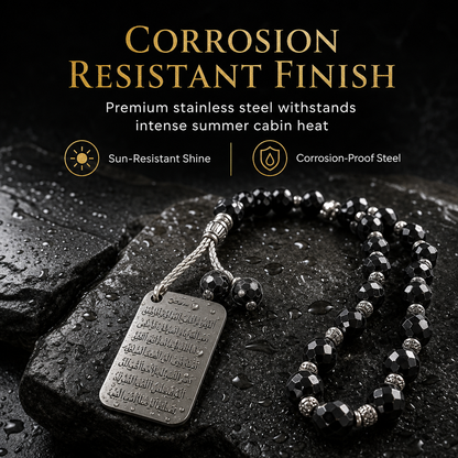 💙✨ Elegant Arabic-Inspired Car Hanging Charm – Stainless Steel Medallion with Blue Glass Bead Chain
