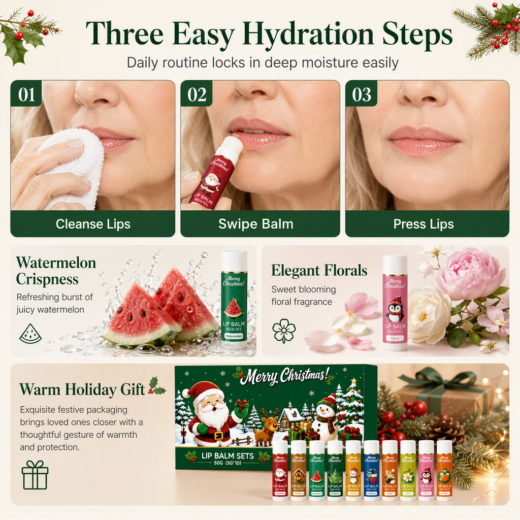 🎄💋 Holiday Lip Care Gift Box – 10 Festive Lip Balms for Stockings, Sharing & Christmas Surprises