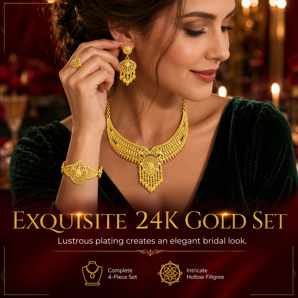 👑✨24K Gold Plated Royal Golden Bridal Jewelry Collection – Elegant Necklace, Earrings, Bracelet & Ring Set