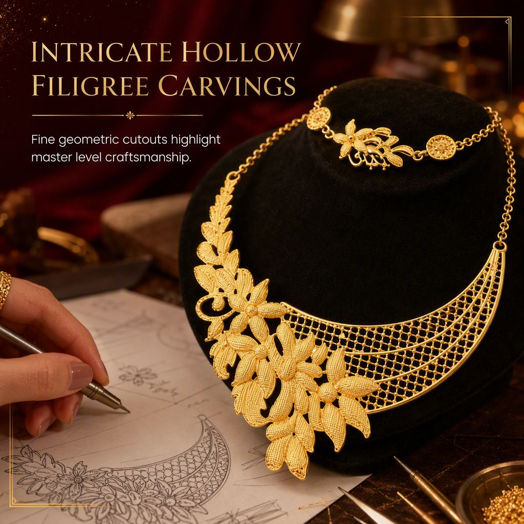 👑✨24K Gold Plated Royal Golden Bridal Jewelry Collection – Elegant Necklace, Earrings, Bracelet & Ring Set