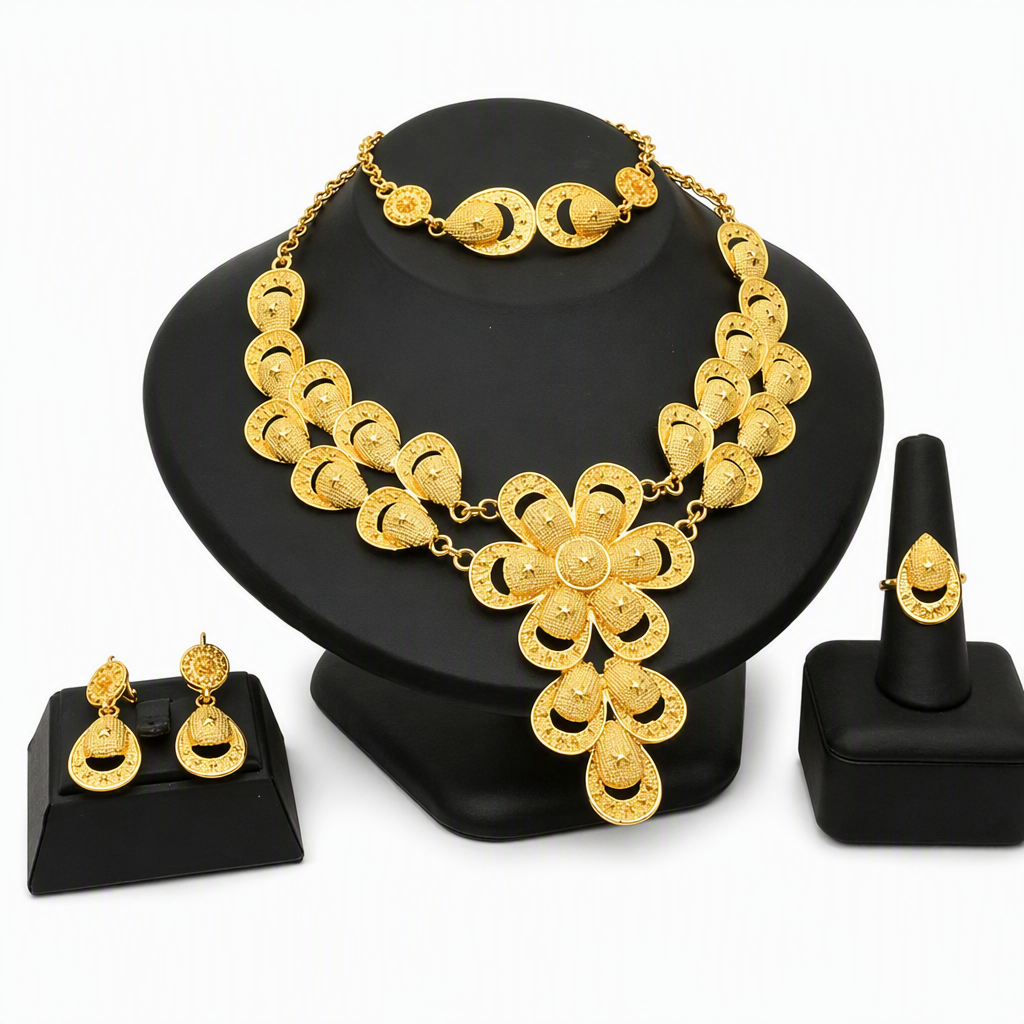 👑✨24K Gold Plated Royal Golden Bridal Jewelry Collection – Elegant Necklace, Earrings, Bracelet & Ring Set