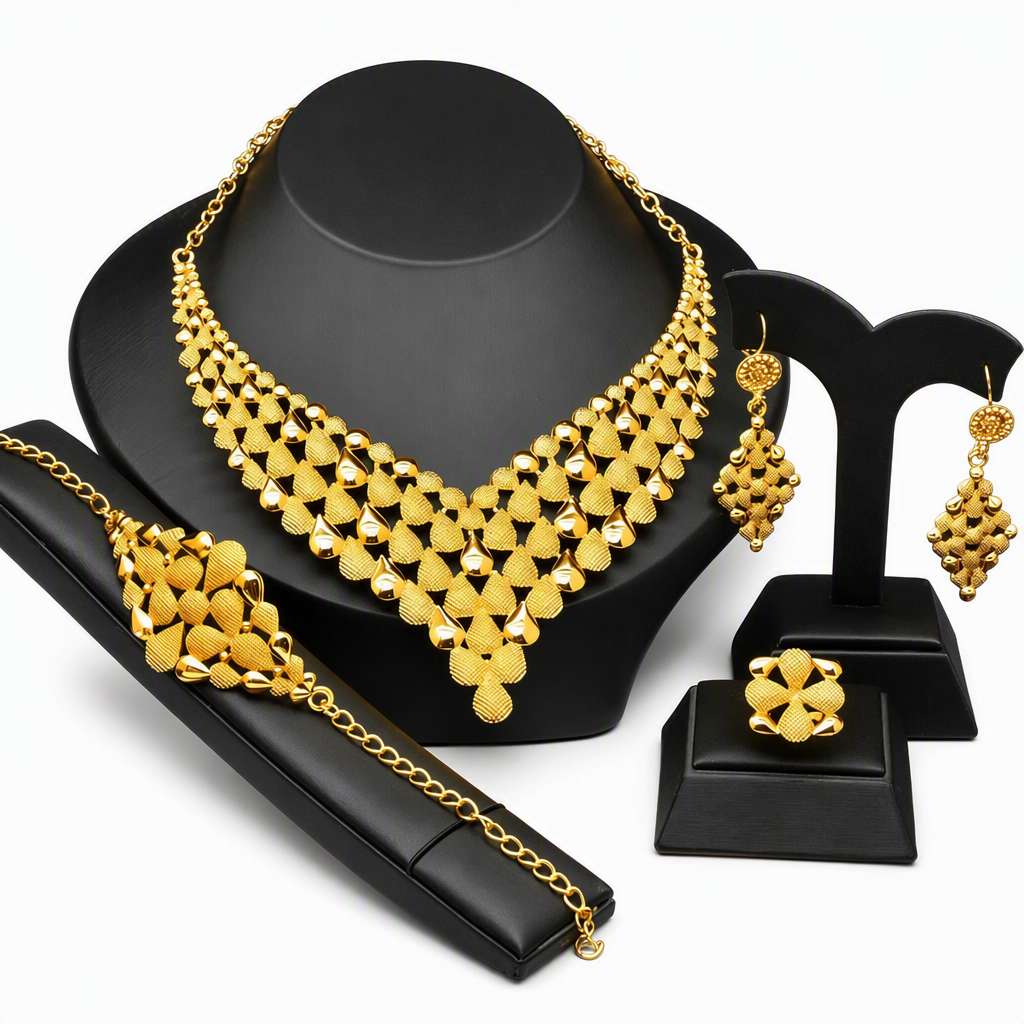 👑✨24K Gold Plated Royal Golden Bridal Jewelry Collection – Elegant Necklace, Earrings, Bracelet & Ring Set