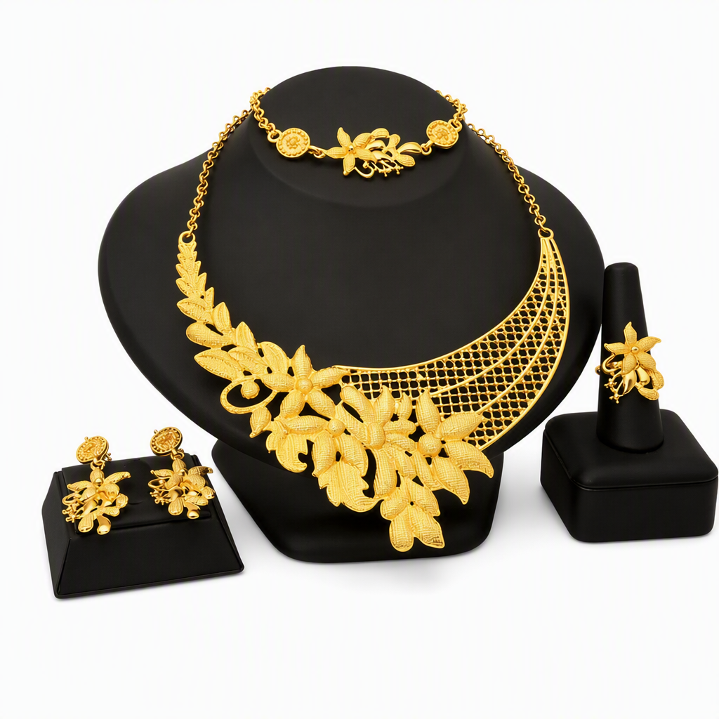 👑✨24K Gold Plated Royal Golden Bridal Jewelry Collection – Elegant Necklace, Earrings, Bracelet & Ring Set