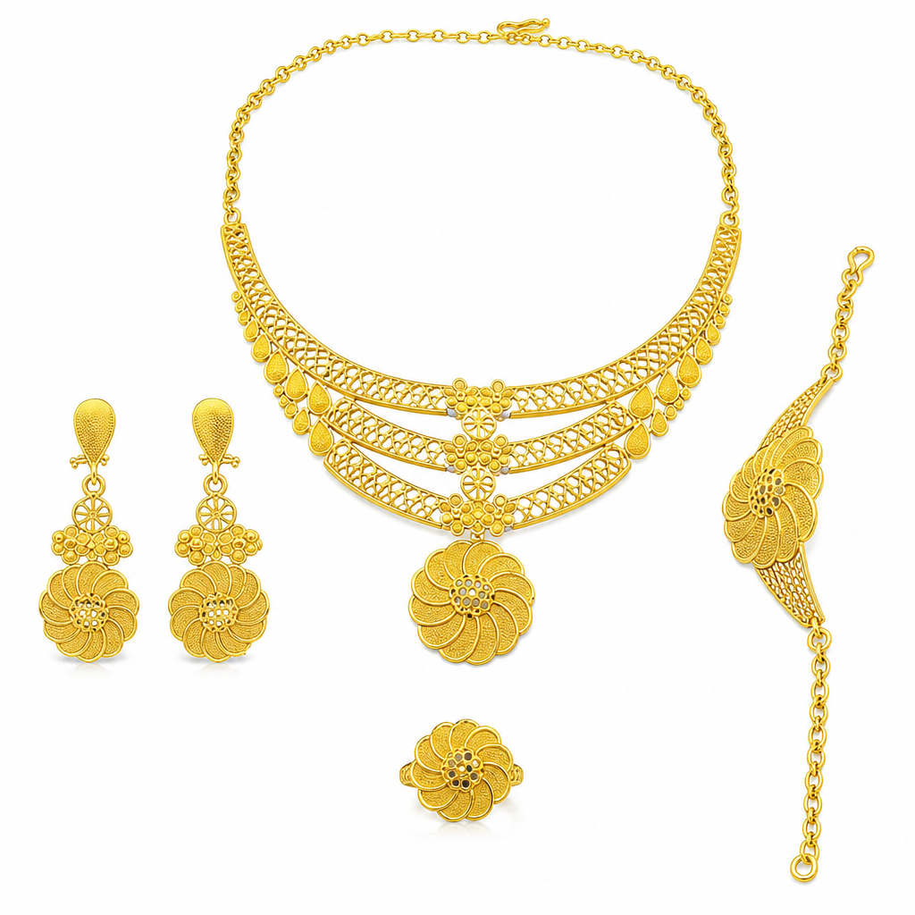 👑✨24K Gold Plated Royal Golden Bridal Jewelry Collection – Elegant Necklace, Earrings, Bracelet & Ring Set